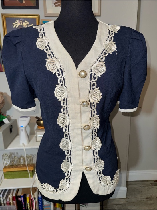 Tops - Vintage Navy and Cream Lace-Trim Short Sleeve Top